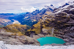 Fox Glacier Prints: Aerial view of Glacier Lakes on Fox Glacier, South Island, New Zealand, Pacific
