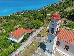 Bells Prints: Aerial view of Greek Orthodox Church and coastline near Zola