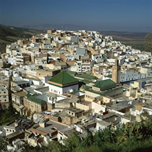 Moulay Idriss Prints: Aerial view over the green tiled roofs of the sacred