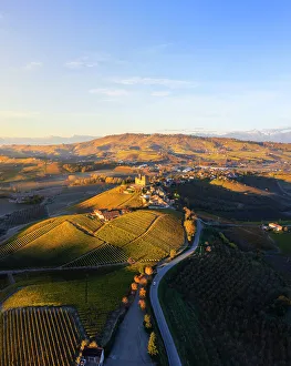 Autumnal Prints: Aerial view of Grinzane Cavour at sunrise during autumn