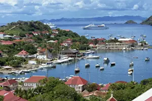 Aerial view over Gustavia, with cruise ship anchored offshore, St