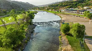 Cabins Prints: Aerial view of Hakari river flowing through mountain resort in Qarabaqh region of Azerbaijan