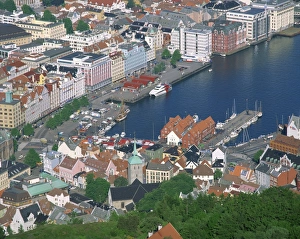Bergen Prints: Aerial view the harbour at Bryggen (Bergen)