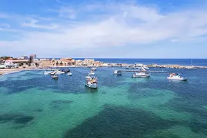 Siracusa Province Prints: Aerial view of the harbour of the fishing village of Marzamemi with fishing boats floating in turquoise waters