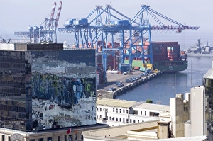 Crane Prints: Aerial view of harbour, Valparaiso, UNESCO World Heritage Site, Chile, South America