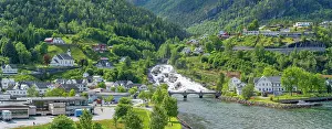 Municipality Prints: Aerial view of Hellesylt on a sunny day, Stranda Municipality, Norway, Scandinavia, Europe