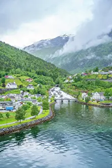 Fjord Prints: Aerial view of Hellesylt, Sunnylvsfjorden