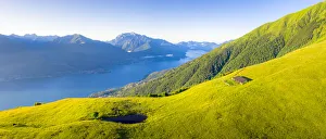Lake Como Prints: Aerial view of high pasture above Lake Como, Musso, Lake Como, Lombardy, Italian Lakes