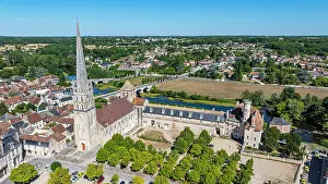 Worship Prints: Aerial view of the historic Abbey Church of Saint-Savin-sur-Gartempe in France showcasing its architecture