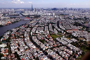 High Rises Prints: Aerial view of Ho Chi Minh City and the Saigon River