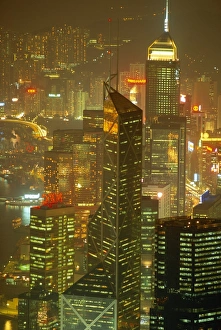 High Rise Prints: Aerial view of Hong Kong skyscrapers at night, China