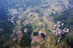 Guilin Prints: Aerial view from a hot air balloon of rice fields and villages in Yangshuo