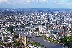 London Gallery: Aerial view of the Houses of Parliament, Westminster Abbey, London Eye and River Thames, London