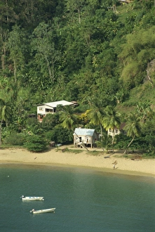 Tobago Prints: Aerial view over housing on beach in Parlatuvier Bay