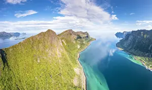 Senja Prints: Aerial view of Husfjellet mountain peak overlooking the emerald green water of Steinfjord