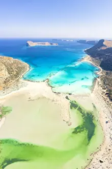 Balos Beach Prints: Aerial view of idyllic emerald green water of Balos lagoon and crystal sea, Crete island