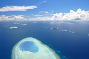 Aerial view of islands in Baa atoll, Maldives, Indian Ocean, Asia