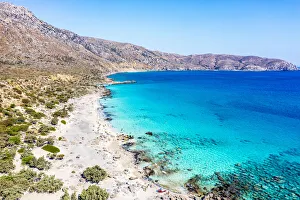 Chania Prints: Aerial view of Kedrodasos beach washed by crystal sea, southwest Chania, Crete