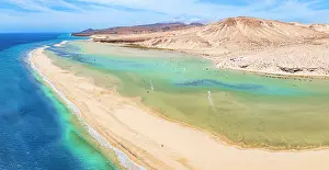 Enjoyment Prints: Aerial view of kite surfers having fun at Sotavento beach
