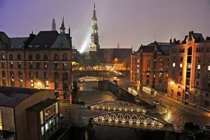 Hamburg Prints: Aerial view of the Kleines Fleet canal in the Speicherstadt (City of Warehouses) with St
