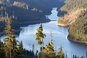 Aerial view over Lake Belis, Transylvania, Romania, Europe
