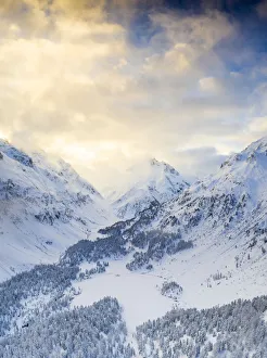 Lake Cavloc Prints: Aerial view of Lake Cavloc and woods covered with snow, Bregaglia Valley, Engadine