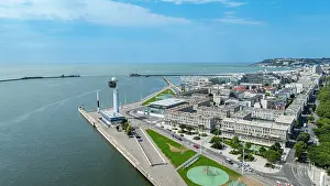 Towers Prints: Aerial view of Le Havre coastline showing buildings and water in Normandy, France