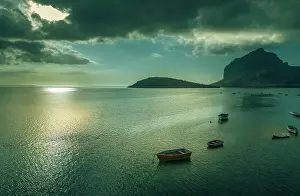 Le Morne Prints: Aerial view of Le Morne and boats in Indian Ocean from Le Morne village