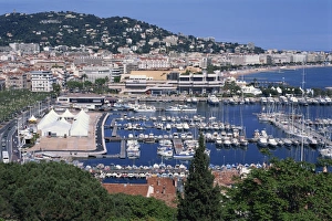 Cannes Prints: Aerial view over Le Suquet and boats in the harbour, old town, Cannes, Alpes Maritimes