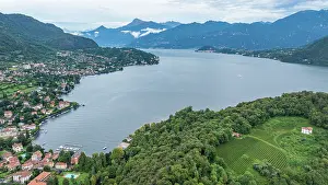 Homes Prints: Aerial view of Lenno showing Lake Como landscape and surrounding hills in Italy during the day