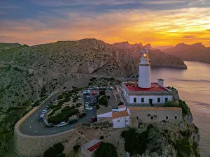 Formentor Prints: Aerial view of lighthouse at Cap Formentor at sunset