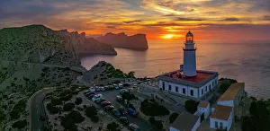 Formentor Prints: Aerial view of lighthouse at Cap Formentor at sunset