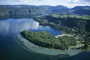South Auckland Prints: Aerial view of local lakes surrounded by forests and giant ferns