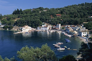 Ionian Islands Prints: Aerial view over Loggos harbour