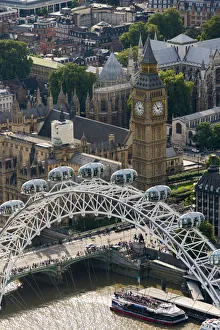 Ferris Wheel Prints: An aerial view of The London Eye and The Houses of Parliament, London, England