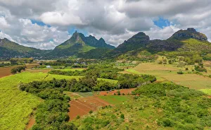 Aerial view of Long Mountain and fields at Long Mountain, Mauritius, Indian Ocean, Africa