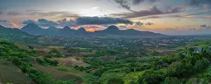 Mountain Ranges Prints: Aerial view of Long Mountain at sunset from near Congomah, Mauritius, Indian Ocean, Africa