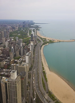 Aerial view looking north up Lakeshore Drive to the Gold Coast district Aerial view looking north up Lakeshore Drive to the Gold Coast district