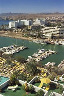 Aerials Prints: Aerial view over the marina, with arid hills in background, at Eilat, Israel, Middle East