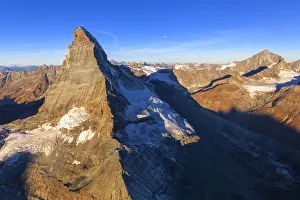 Aerial view of Matterhorn at sunrise. Zermatt, Canton of Valais, Switzerland, Europe
