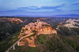 Aerial view of the medieval village of Civita di Bagnoregio at dusk, Viterbo province, Latium (Lazio), Italy, Europe