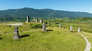 Stones Prints: Aerial view of memorial park honoring victims of the Bosnian war in Bosnia and Herzegovina