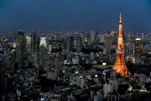 Images Dated 14th May 2009: Aerial view of metropolitan Tokyo and Tokyo Tower from atop the Mori Tower at Roppongi Hills
