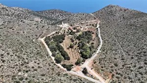 Shrubs Prints: Aerial view of the Monastery of Gouverneto on the Akrotiri Peninsula near Chania