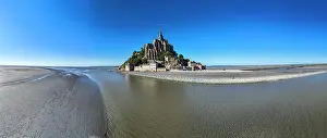 Geography Prints: Aerial view of Mont St. Michel revealing its historical architecture and surrounding landscape in France