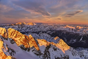 Mount Disgrazia Prints: Aerial view of Mount Disgrazia and Bernina Group at sunset, Masino Valley, Valtellina