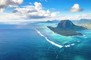 Oceans Gallery: Aerial view of mountain overlooking the ocean, Le Morne Brabant peninsula