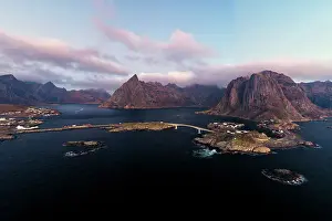 Fishing Village Prints: Aerial view of mountains and sea surrounding the fishing village of Hamnoy