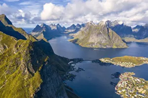 Reine Prints: Aerial view of mountains and sea surrounding Reine Bay