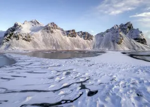 Jagged Prints: Aerial view of the mountains of Vestrahorn after snowfall